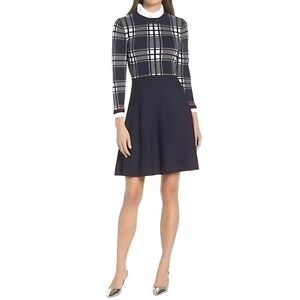 [NWT] 1901 Plaid Bodice Long Sleeve Preppy Sweater Dress Navy Blue (Size Large)